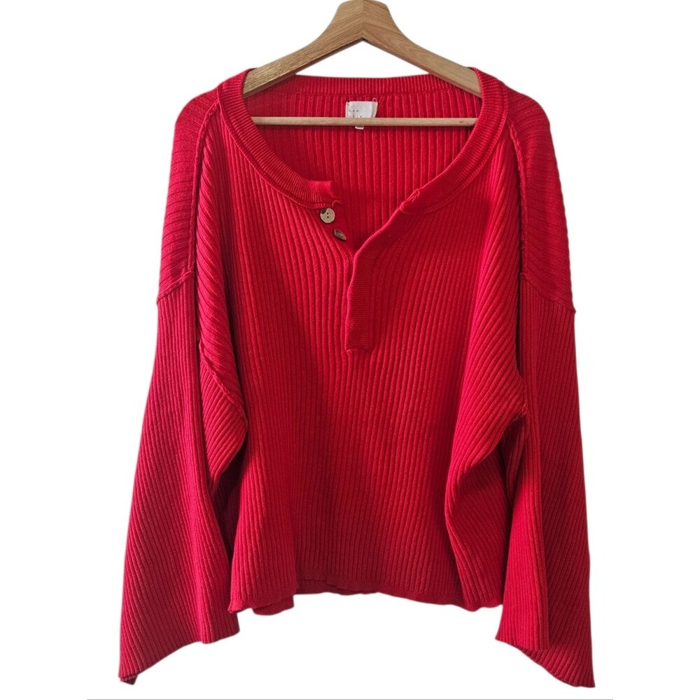 Dee Elly Ribbed Red Wide Sleeve Oversized Sweater Size Large